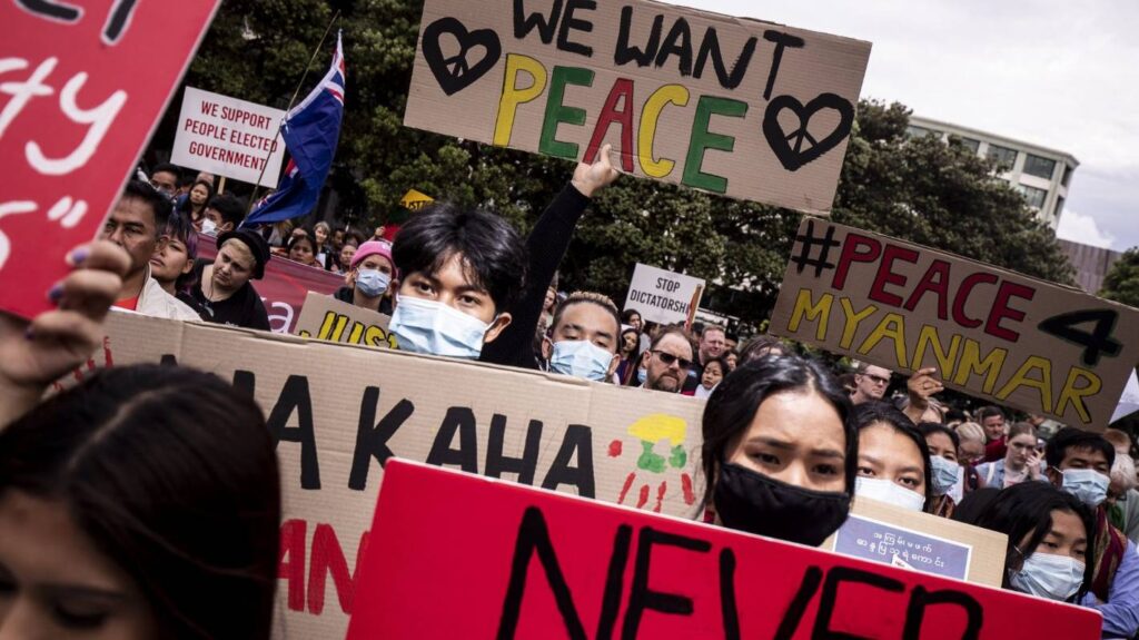 The Myanmar community was out in force to hear speakers like Foreign Minister Nanaia Mahuta denounce the actions of the military in the country, after it seized power last week. ROBERT KITCHIN/Stuff